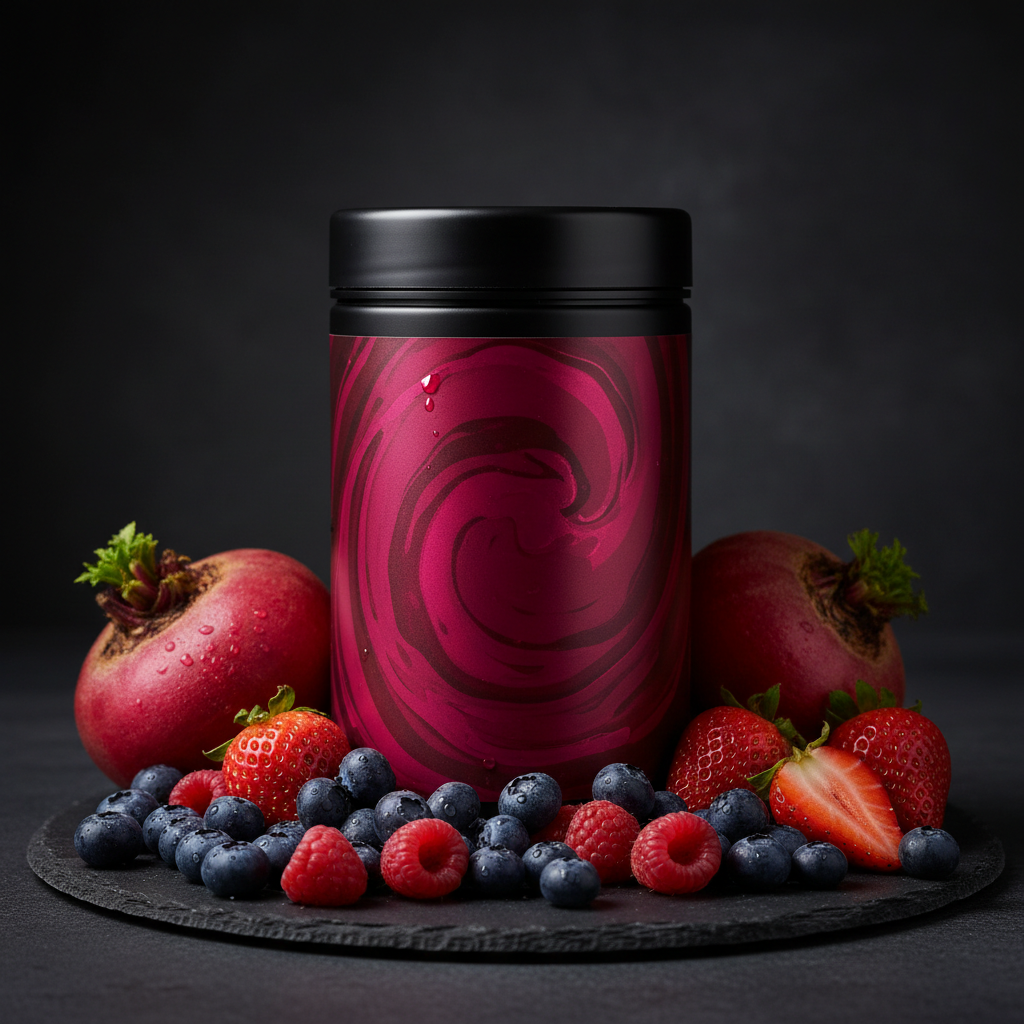 TITAN Protein Beet Juice Powder – Berry Blast, premium product photography