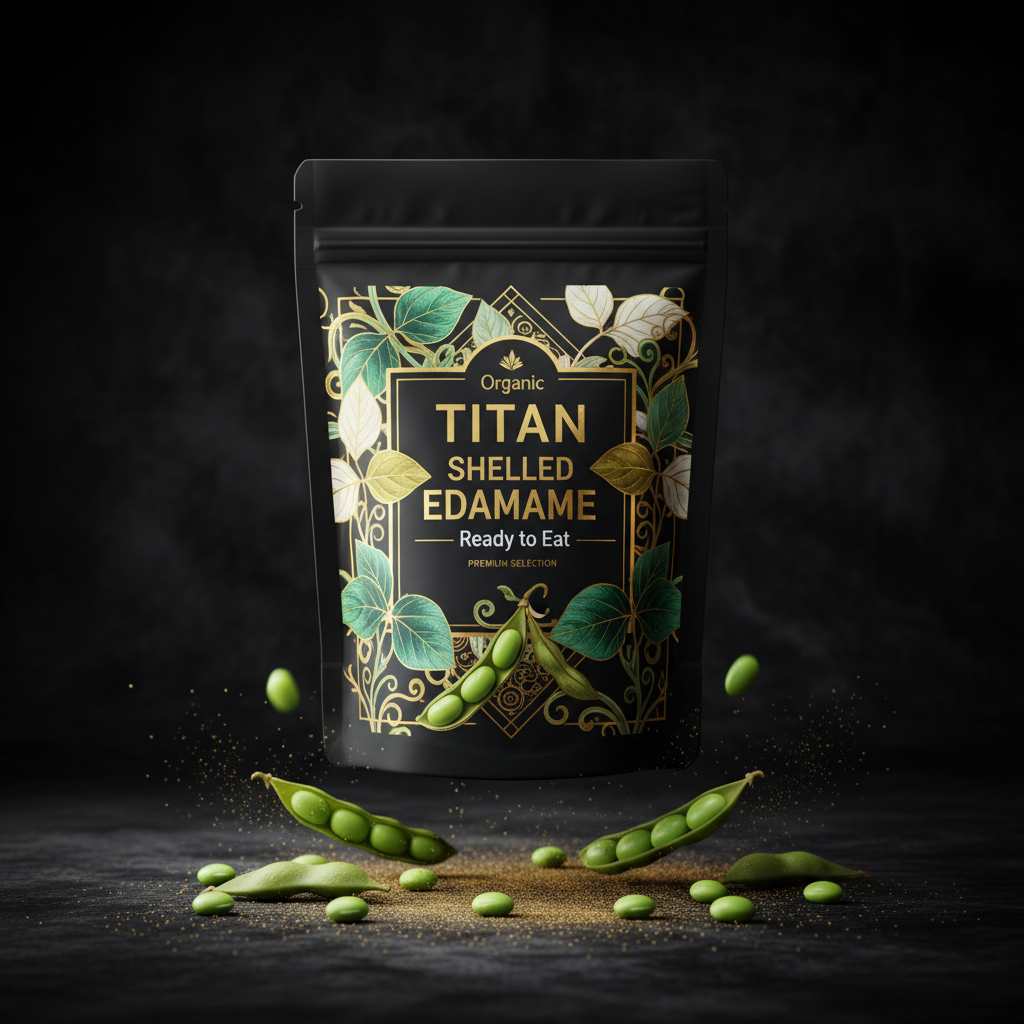 TITAN Organic Shelled Edamame Ready to Eat — ultra-premium luxury editorial product shot