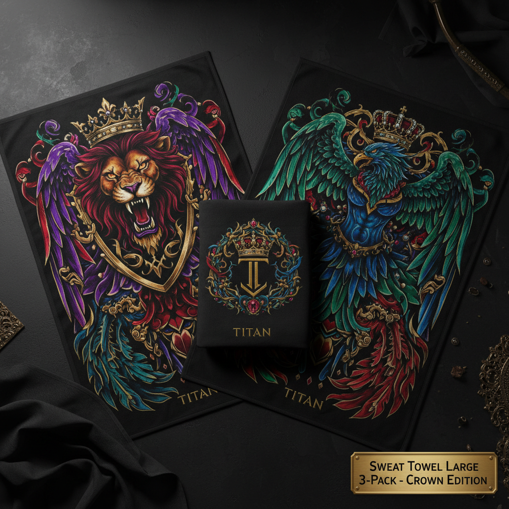 TITAN Sweat Towel Large 3-Pack with bold tattoo-style Crown Edition artwork