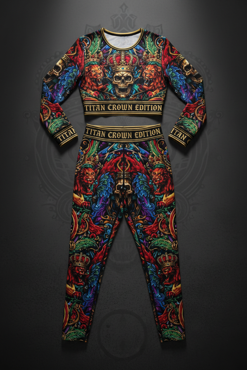 TITAN Women's Elite Matching Suit — Crown Edition bold tattoo-style artwork two-piece set