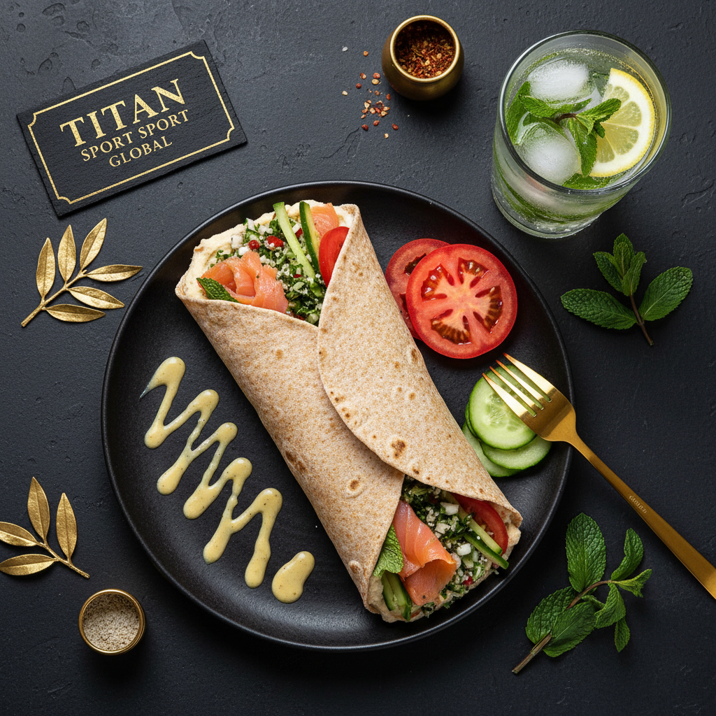 TITAN Lebanese Smoked Salmon Hummus Breakfast Wrap flat lay dark luxury