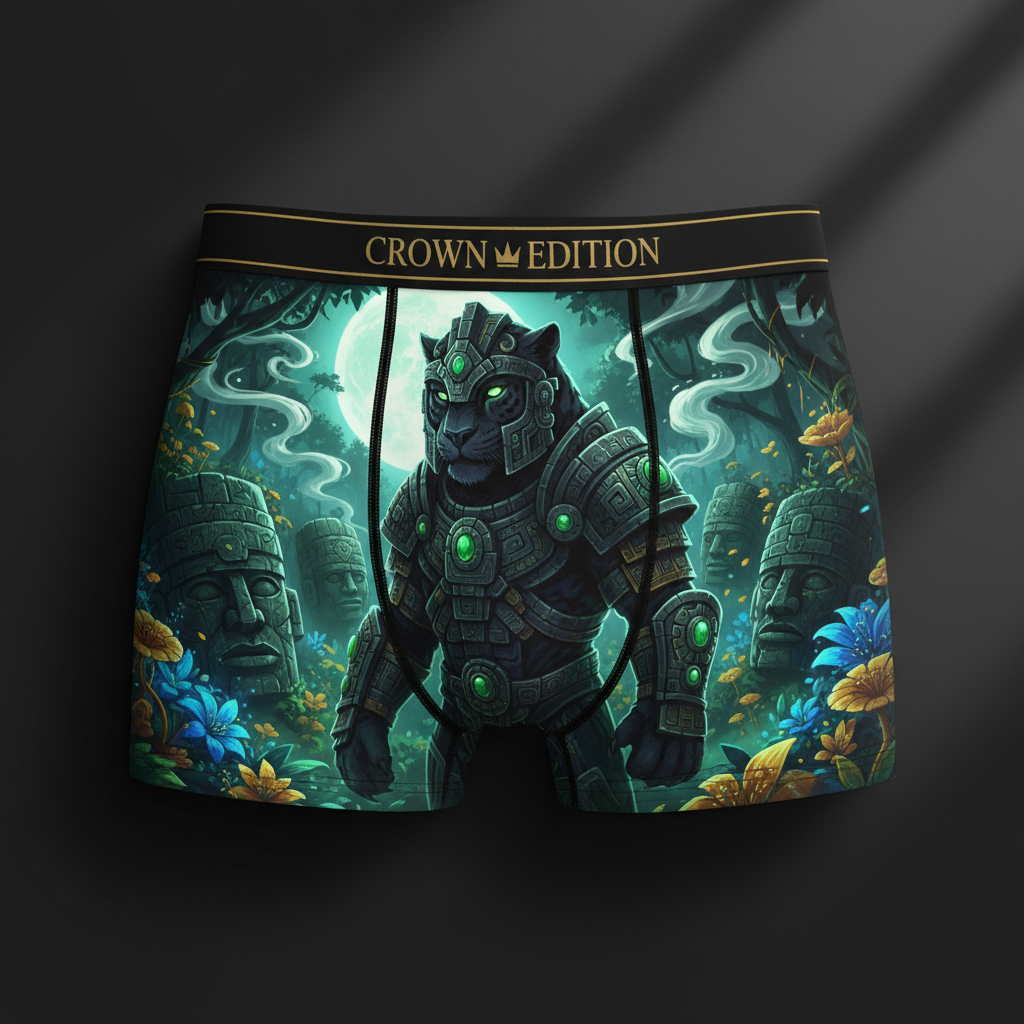 TITAN Olmec Jaguar Warrior Men's Boxer Briefs Crown Edition — jaguar in Olmec warrior armor anime art on matte black