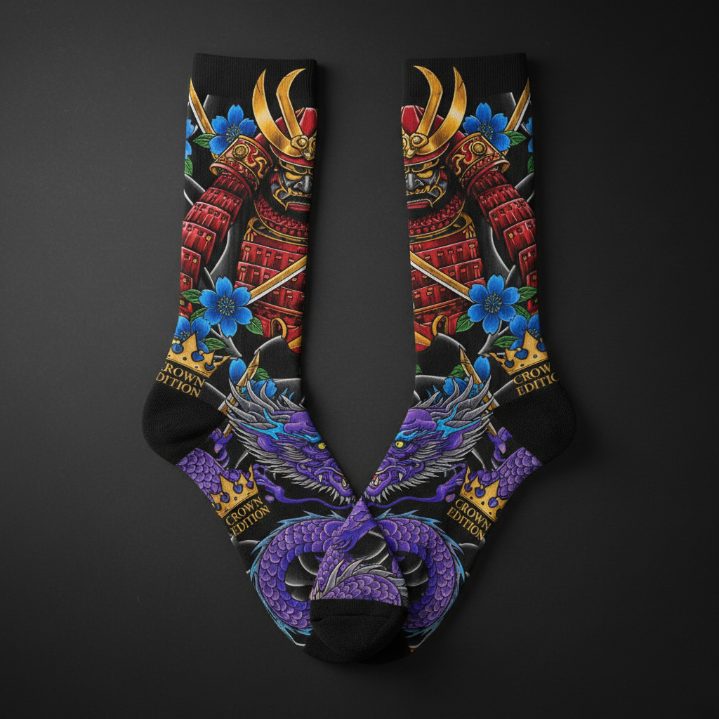 TITAN Crown Edition Tattoo Art Samurai Crew Socks - bold colorful tattoo artwork on matte black fabric