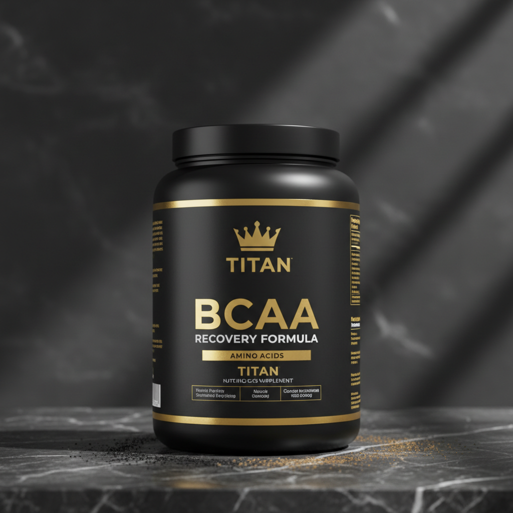 TITAN BCAA Recovery Formula Black & Gold supplement container with crown logo