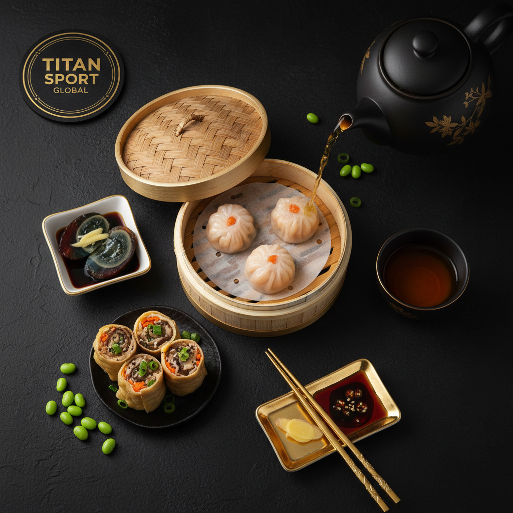 TITAN Chinese Shrimp Dim Sum Protein Breakfast flat lay dark luxury