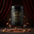 TITAN Protein Hazelnut Spread – Dark Chocolate, matte black jar with gold crown tattoo artwork, roasted hazelnuts and dark chocolate shards