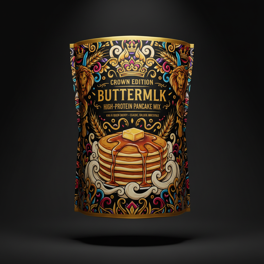 TITAN High-Protein Pancake Mix Buttermilk — Crown Edition bold tattoo-style artwork