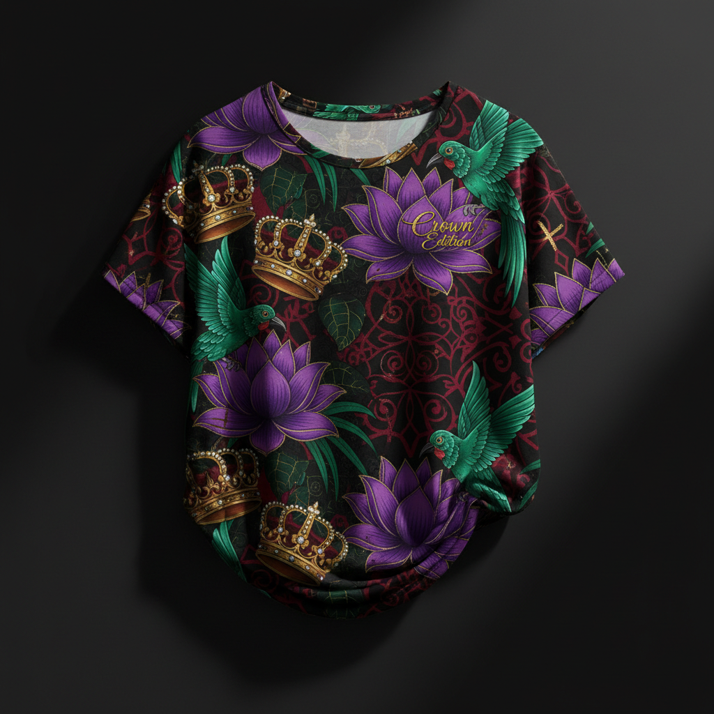 TITAN Crown Edition Tattoo Art Women's Lounge T-Shirt - bold lotus tropics tattoo artwork on matte black pima cotton