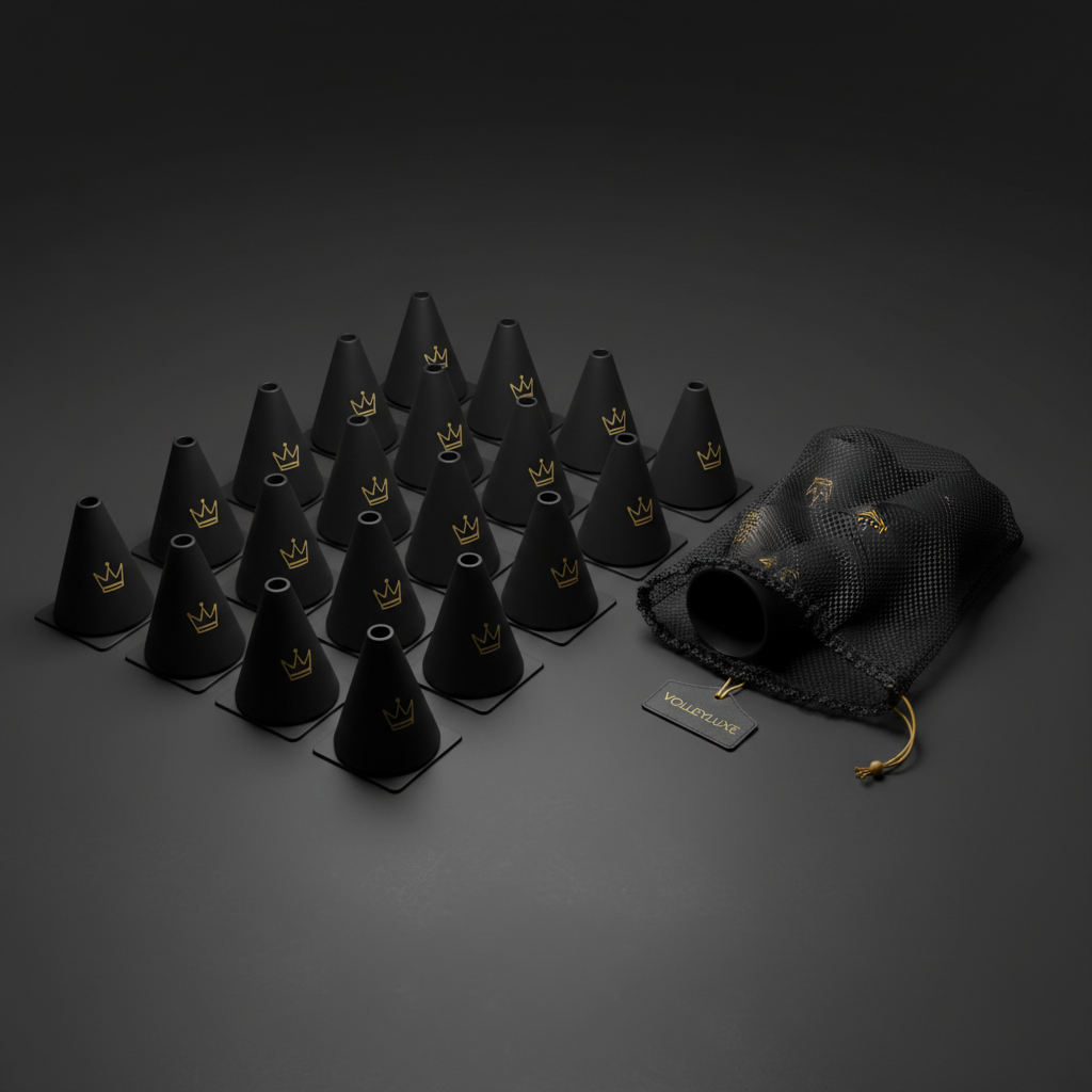 TITAN Volleyball Training Cones Set Crown Edition 20 matte black cones gold crown logo mesh carry bag flat lay