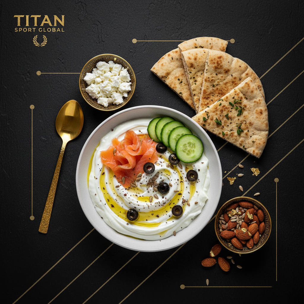 TITAN Greek Mediterranean Smoked Salmon Breakfast meal kit flat lay dark luxury