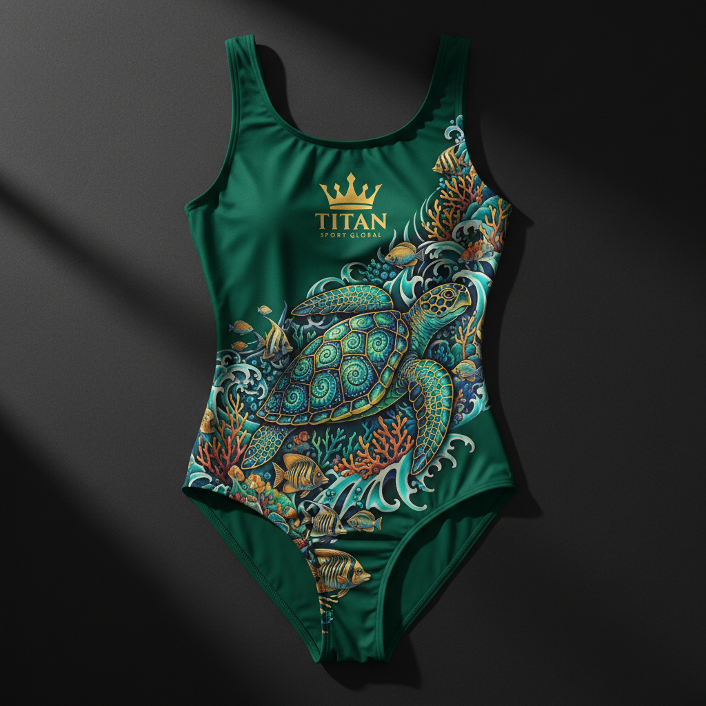 TITAN Women's Full Body Slimming Swimsuit Emerald Sea Turtle Crown Edition flat lay