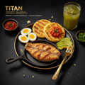 TITAN Colombian Red Snapper Arepa Power Breakfast meal kit flat lay dark luxury