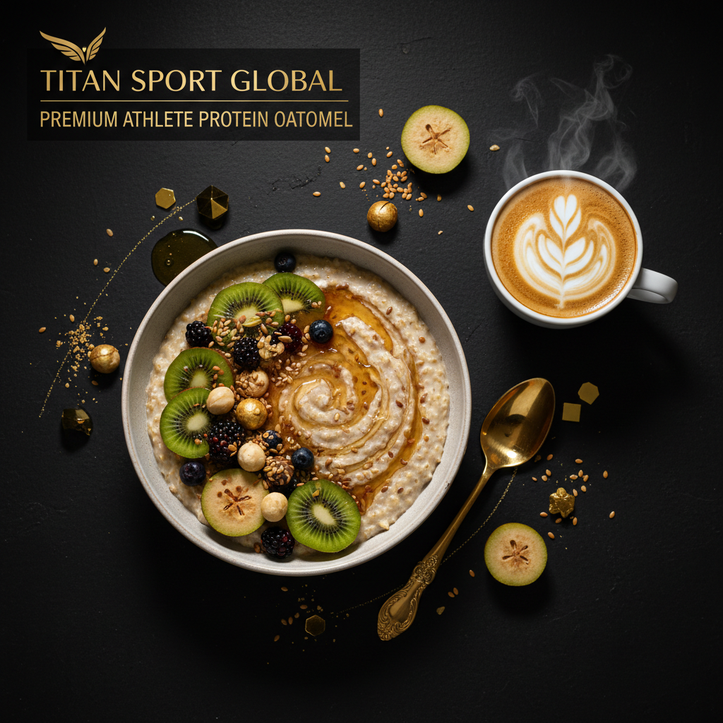 TITAN New Zealand Manuka Honey Protein Oatmeal Breakfast flat lay dark luxury