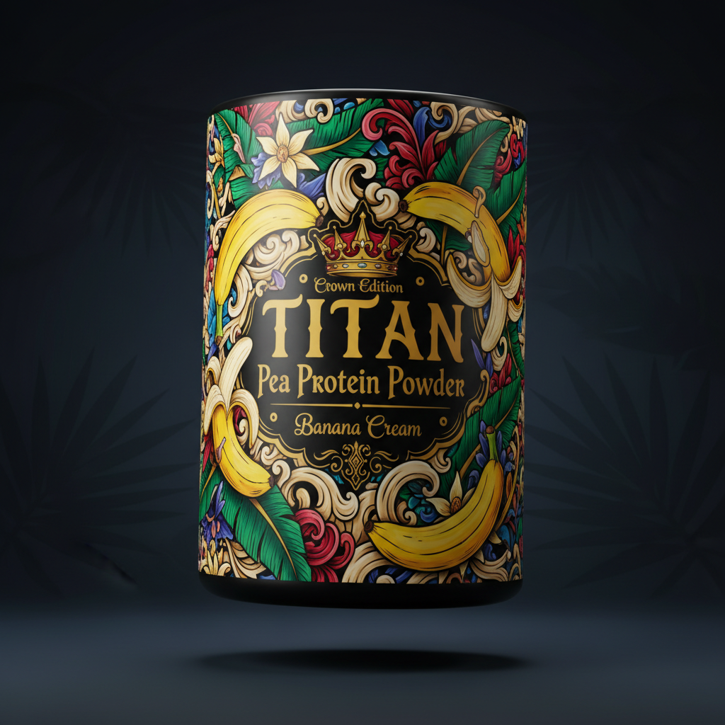 TITAN Pea Protein Powder — Banana Cream, Crown Edition tattoo-style artwork