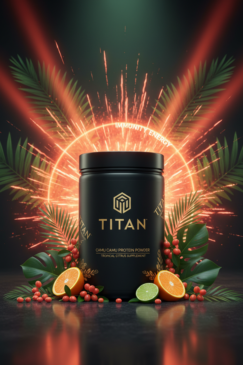 TITAN Camu Camu Protein Powder Tropical Citrus — vibrant Amazonian jungle canister with camu camu berries, citrus slices and explosive vitamin C energy burst