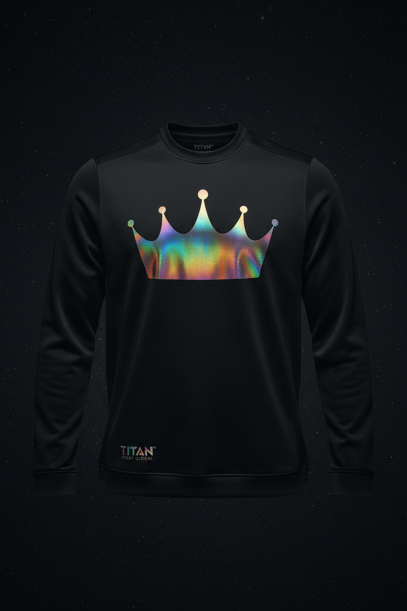 TITAN Men's Holographic Crown Long Sleeve Performance Top flat lay Celestial SWAG Edition