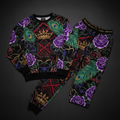 TITAN Crown Edition Tattoo Art Women's Lounge Jogger Set - bold rose peacock tattoo artwork on matte black fleece