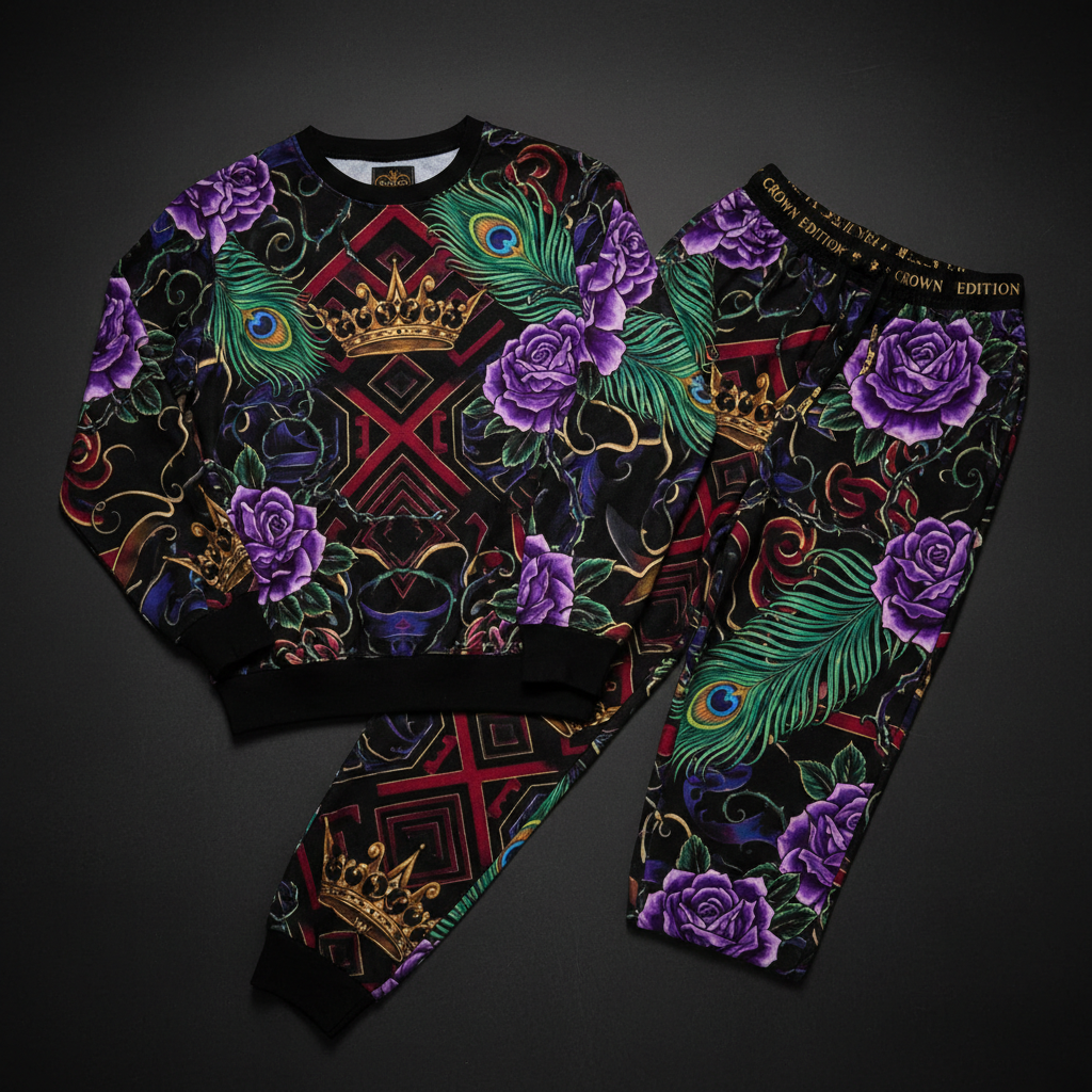TITAN Crown Edition Tattoo Art Women's Lounge Jogger Set - bold rose peacock tattoo artwork on matte black fleece