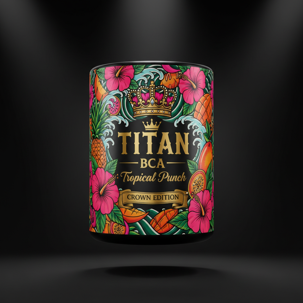TITAN BCAA Tropical Punch container with tropical fruits, hibiscus and crown tattoo-style Crown Edition artwork in hot pink, orange and gold