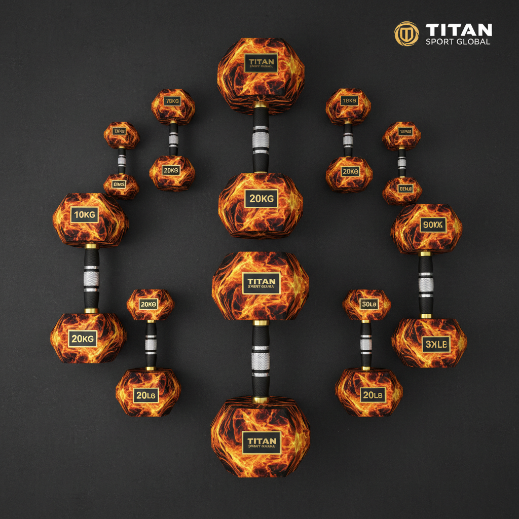 TITAN Dumbbell Set Tiger Flame Crown Edition flat lay