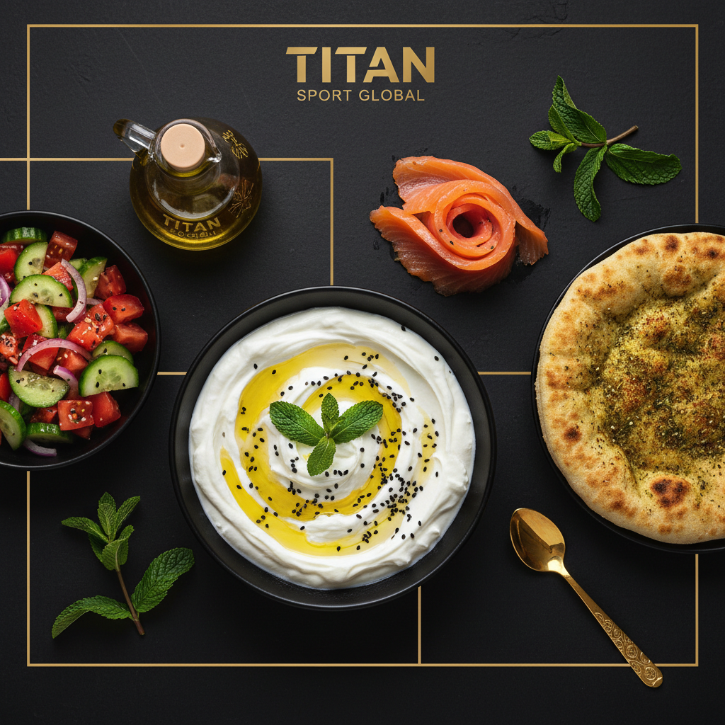 TITAN Lebanese Labneh Smoked Salmon Breakfast meal kit flat lay dark luxury