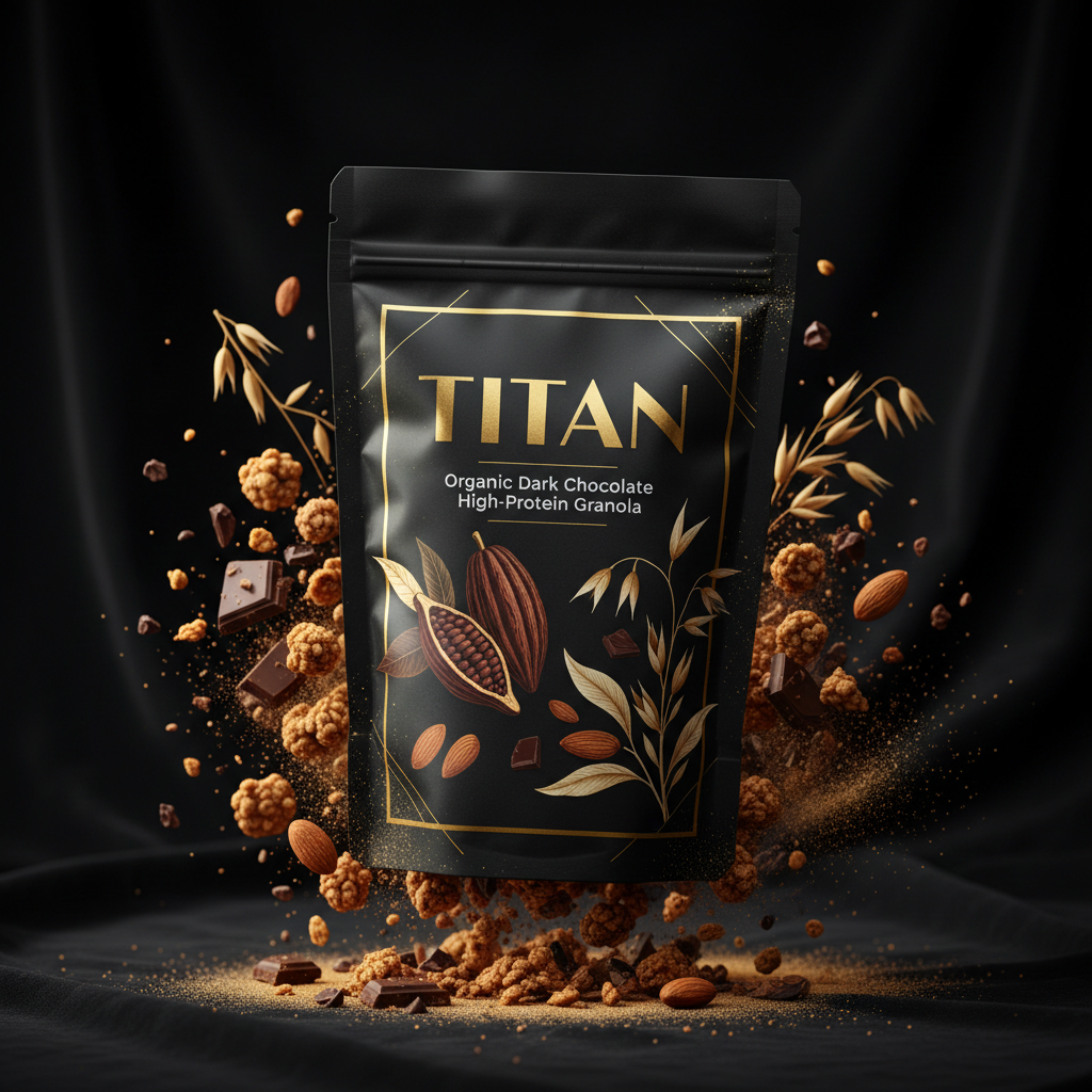 TITAN Organic High-Protein Granola Dark Chocolate — ultra-premium luxury editorial product shot