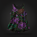 TITAN Women's Flowy Tank Top with lotus flower, hummingbird and crown tattoo-style Crown Edition artwork in purple, emerald and gold on matte black lightweight fabric
