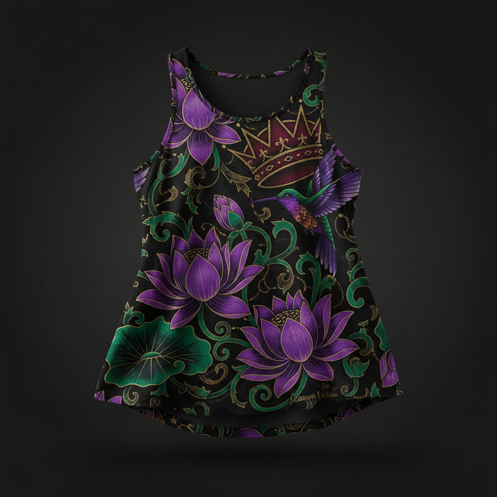 TITAN Women's Flowy Tank Top with lotus flower, hummingbird and crown tattoo-style Crown Edition artwork in purple, emerald and gold on matte black lightweight fabric