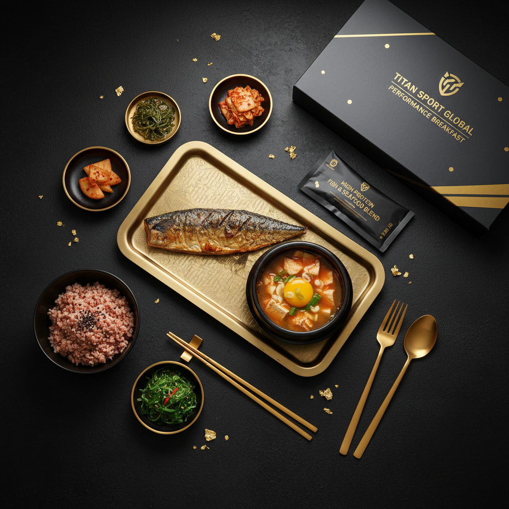 TITAN Korean Grilled Mackerel Power Breakfast meal kit flat lay dark luxury