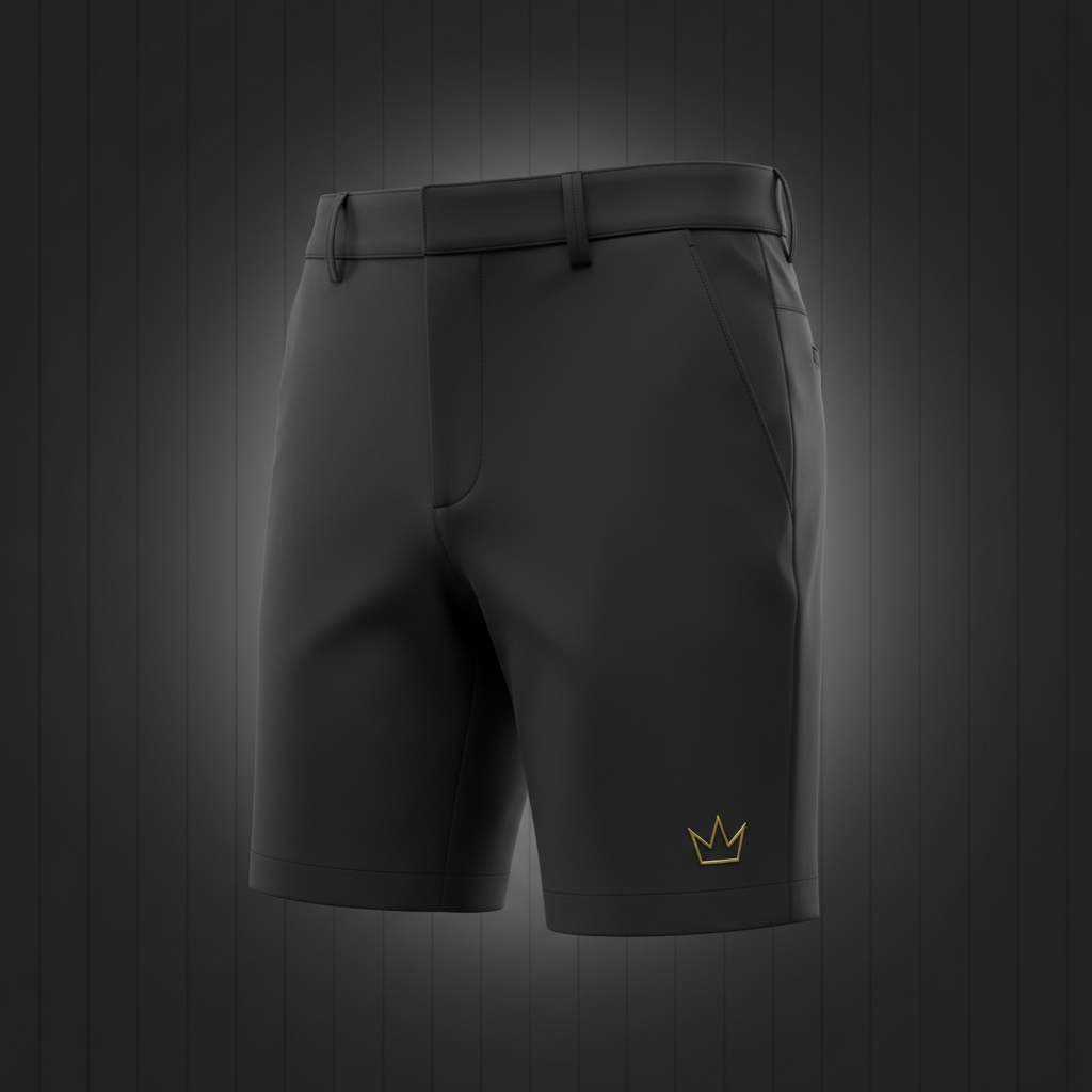 TITAN Golf Shorts Crown Edition matte black gold crown logo left thigh ghost mannequin tailored athletic fit
