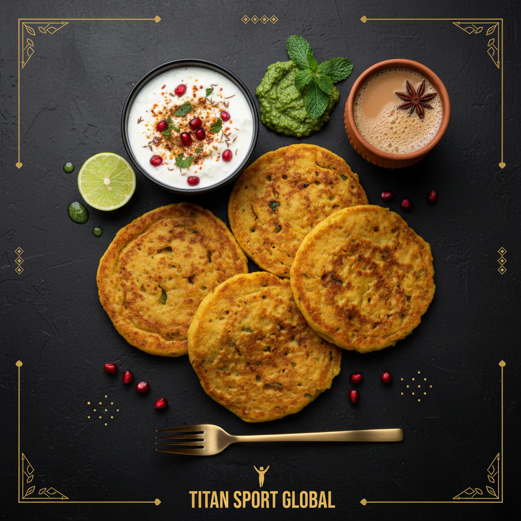 TITAN Indian Besan Protein Pancakes Breakfast flat lay dark luxury