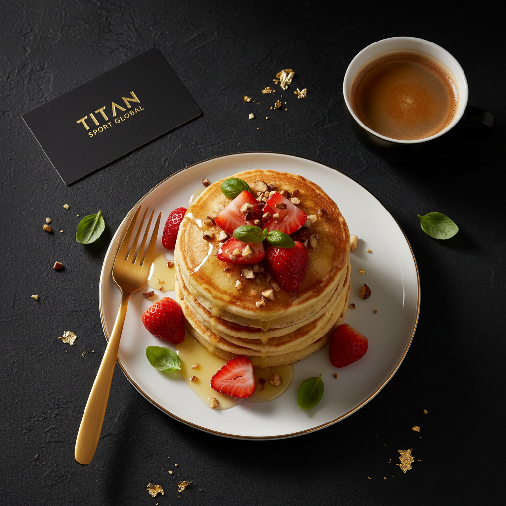 TITAN Italian Ricotta Protein Pancakes Breakfast flat lay dark luxury