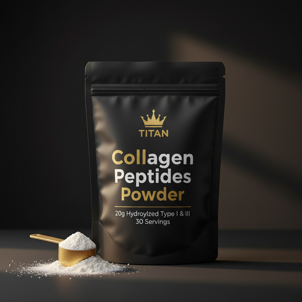 TITAN Collagen Peptides Powder Unflavored — Matte black resealable pouch with gold crown logo and white powder scoop