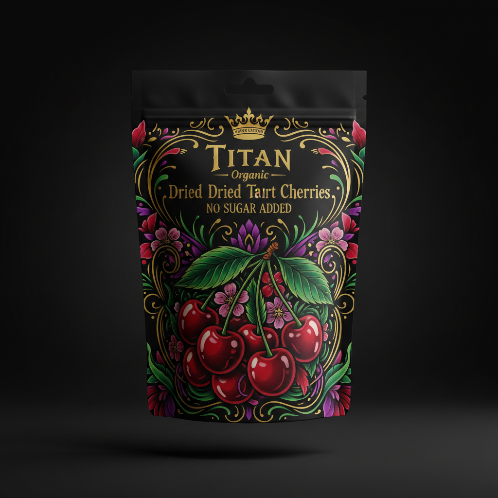 TITAN Organic Dried Tart Cherries — No Sugar Added, Crown Edition tattoo-style artwork