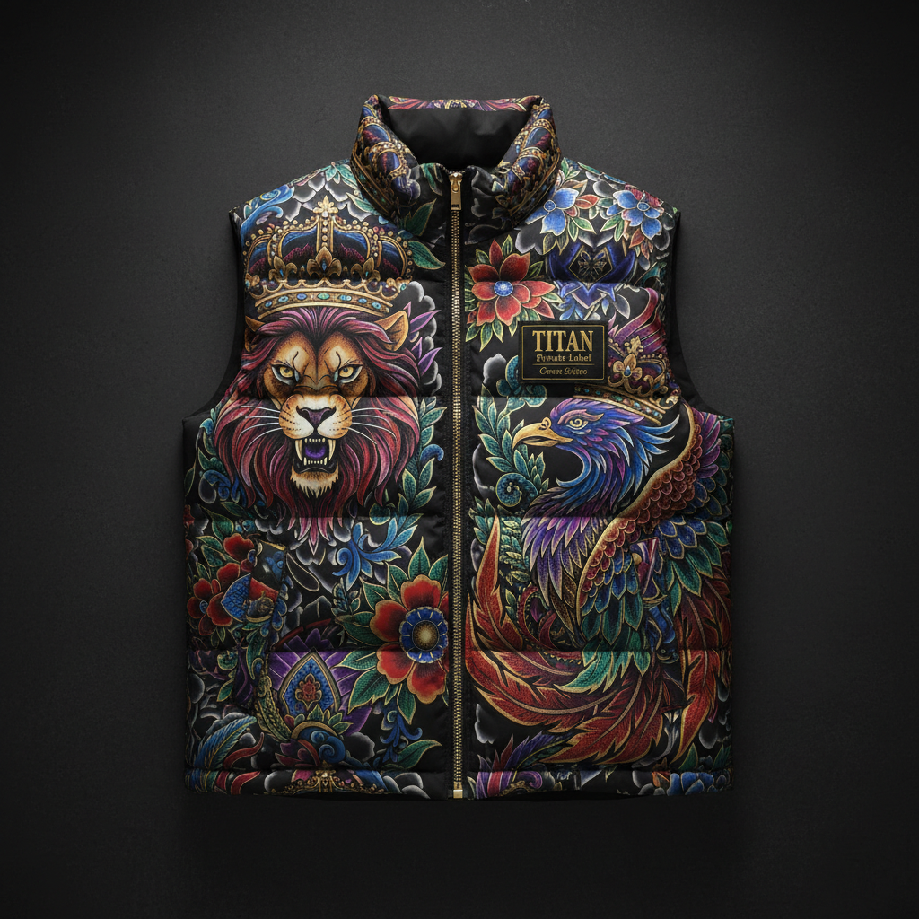 TITAN Private Label Puffer Vest — Crown Edition tattoo-style flat lay