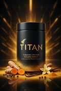 TITAN Turmeric Protein Powder Golden Vanilla — rich Ayurvedic canister with fresh turmeric root, black peppercorns, vanilla bean and golden curcumin glow