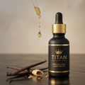 TITAN Stevia Liquid Drops Vanilla Flavor Crown Edition — premium matte black dropper bottle product shot
