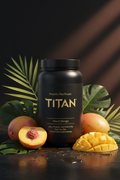 TITAN Prebiotic Fiber Protein Peach Mango — warm sun-kissed tropical canister with fresh peach halves, fanned mango slices and tropical leaves