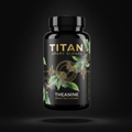 TITAN Theanine Green Tea Complex black glass bottle with 24K gold accents and Japanese-style green tea leaf and alpha brain wave brushstroke artwork in jade green and gold