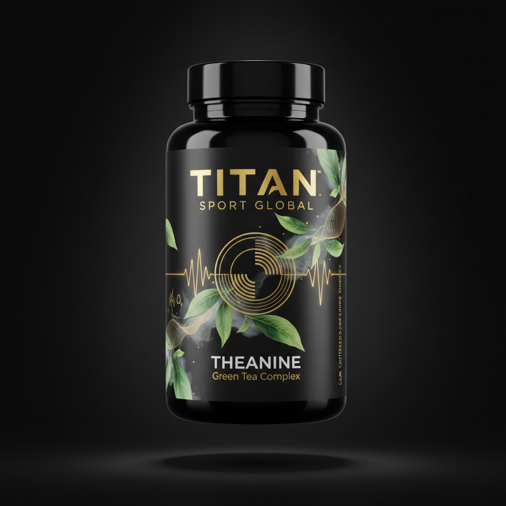 TITAN Theanine Green Tea Complex black glass bottle with 24K gold accents and Japanese-style green tea leaf and alpha brain wave brushstroke artwork in jade green and gold