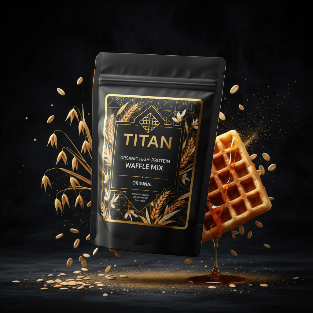 TITAN Organic High-Protein Waffle Mix Original — ultra-premium luxury editorial product shot