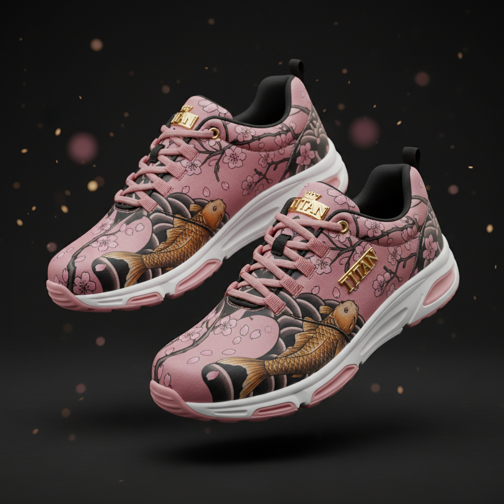 TITAN Crown Edition Cherry Blossom Koi Queen Women's Walking Shoe soft pink black holographic cherry blossom koi design