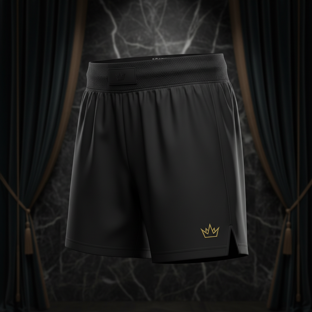TITAN Volleyball Shorts Crown Edition matte black gold crown logo left thigh side split hem ghost mannequin