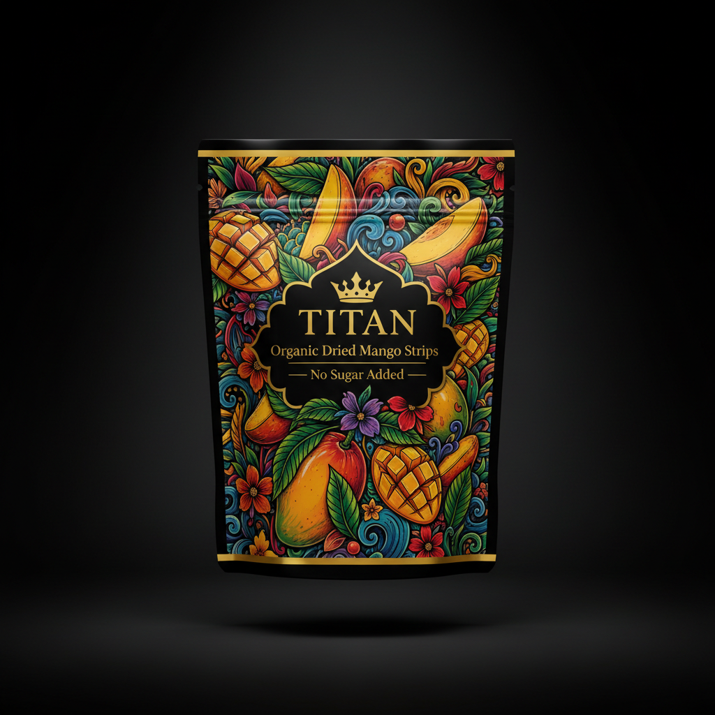 TITAN Organic Dried Mango Strips — No Sugar Added, Crown Edition tattoo-style artwork