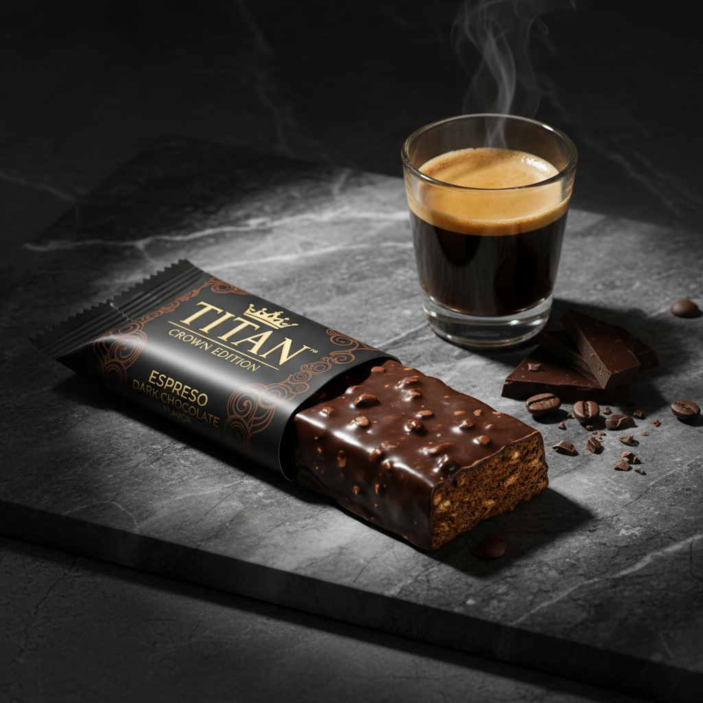 TITAN Vegan Protein Bar Espresso Dark Chocolate Crown Edition — 20g protein natural caffeine product shot