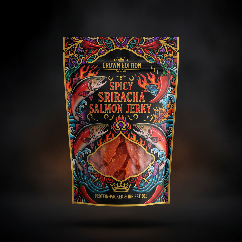 TITAN Protein Fish Jerky Spicy Sriracha Salmon — Crown Edition bold tattoo-style artwork