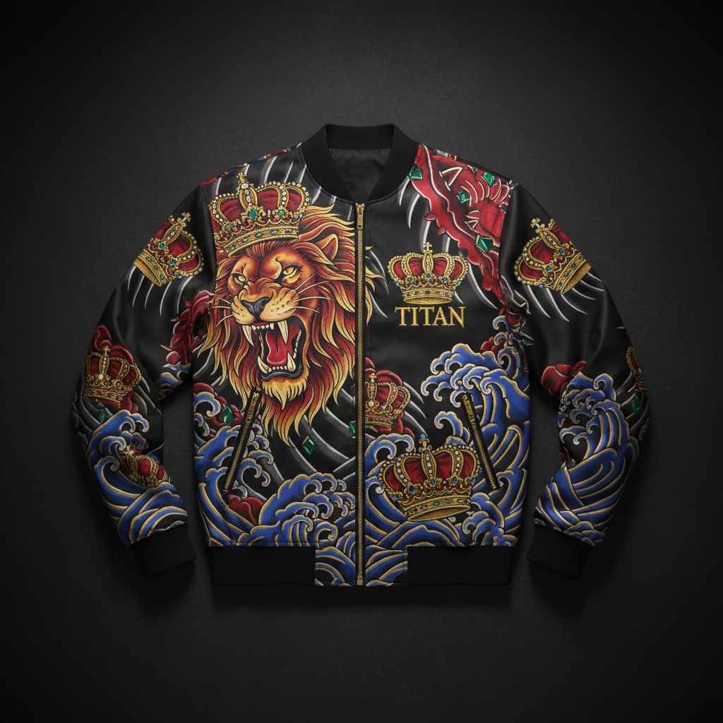 TITAN Men's Bomber Jacket - Crown Edition tattoo-style artwork