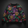 TITAN Crown Edition Tattoo Art Women's Oversized Lounge Crewneck - bold colorful tattoo artwork on matte black heavyweight fleece