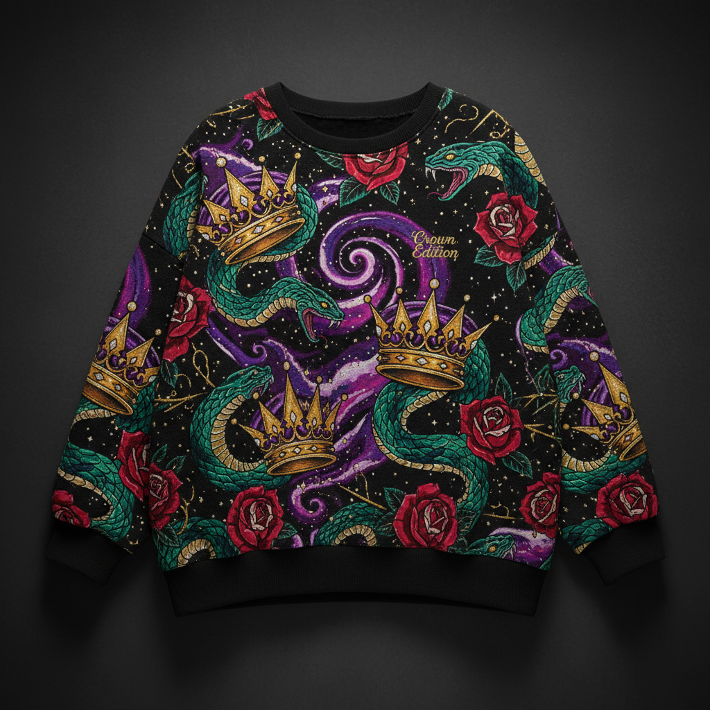 TITAN Crown Edition Tattoo Art Women's Oversized Lounge Crewneck - bold colorful tattoo artwork on matte black heavyweight fleece