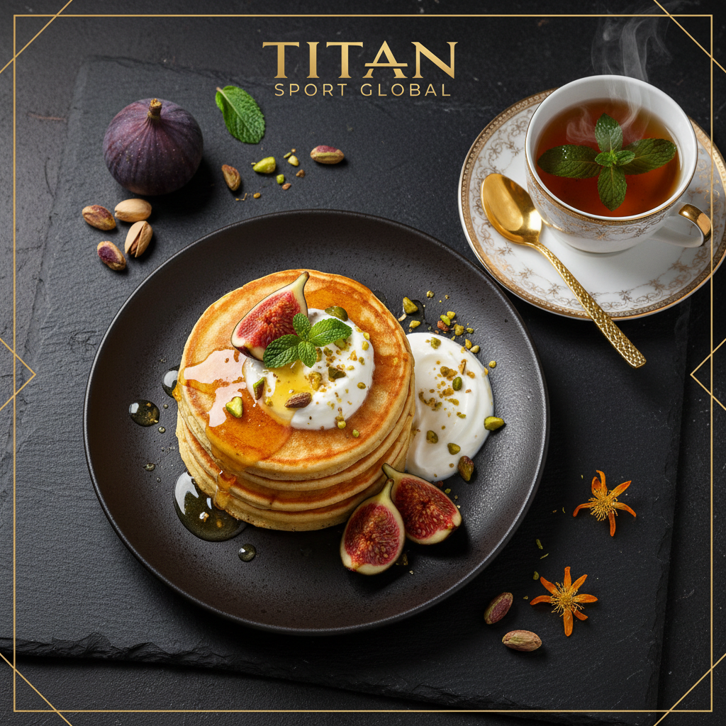 TITAN Moroccan Orange Blossom Protein Pancakes Breakfast flat lay dark luxury